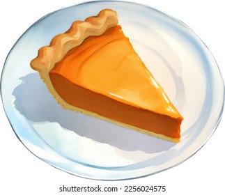 Pumpkin Pie Slice on Plate Isolated Hand Drawn Painting Illustration