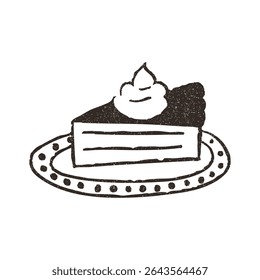 Pumpkin pie slice on plate, hand drawn doodle, vector illustration isolated on white background. Outline sketch style with grunge vintage texture. Sweet baked pie, cafe concept.