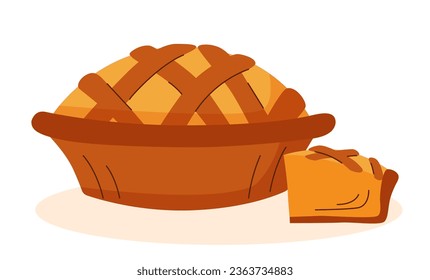 Pumpkin pie and a slice of it on a white background. Thanksgiving concept. Bakery.