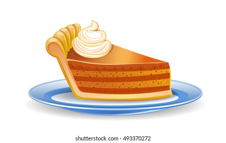 Pumpkin pie slice. Piece of pie on a plate. Vector illustration isolated on white background