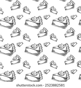 Pumpkin pie slice seamless pattern, thanksgiving, outline drawing, vector illustration, engraving, black line on a white background