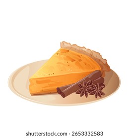 Pumpkin pie slice with star anise and cinnamon sticks on plate. For Thanksgiving-themed designs, menus, recipe cards, cooking blogs, holiday invitations,packaging, cafe, posts, digital scrapbooking.