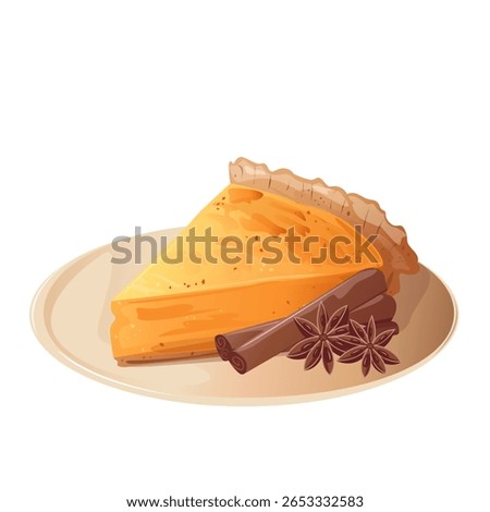 Pumpkin pie slice with star anise and cinnamon sticks on plate. For Thanksgiving-themed designs, menus, recipe cards, cooking blogs, holiday invitations,packaging, cafe, posts, digital scrapbooking.