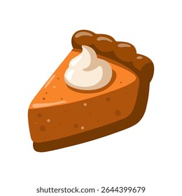 Pumpkin pie slice with whipped cream and brown crust. Autumn vector illustration for cozy fall food designs. Cartoon style
