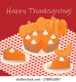 Pumpkin pie and slices. Good for greeting card and t-shirt print, flyer, poster design, mug.