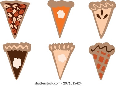 Pumpkin Pie Slices Vector Illustration set on white background. Perfect for any Thanksgiving project or theme. Suitable for web design, print, Perfectly suited for traditional media and web. Great for