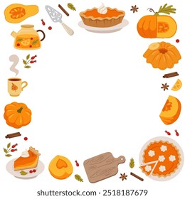 Pumpkin pie square frame. Pumpkin slice, spices, meringues, whole pie, piece of pie, teapot. Set of bright elements for Thanksgiving recipes.