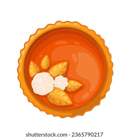 Recorte de calabaza, ilustración vectorial de vista superior. Caricatura aislada tarta entera cocida con merengue o crema batida, hojas crujientes de costra de costra, postre y víveres para las vacaciones de otoño hechas de calabaza