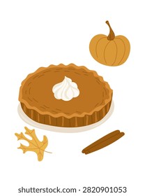 Pumpkin pie topped with whipped cream, accompanied by a small pumpkin, cinnamon sticks, and autumn leaves, creating a seasonal food display