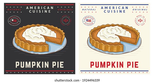 Pumpkin pie USA traditional retro vintage dessert illustration