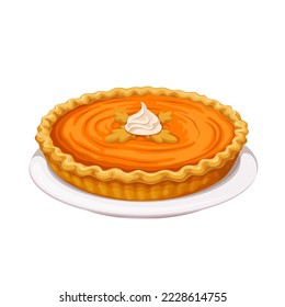 Pumpkin pie vector illustration. Cartoon isolated whole sweet cake with orange pumpkin custard filling, whipped cream and shortbread crust, homemade baked dessert and symbol of autumn harvest