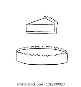 Pumpkin pie vector illustration, linear style, side view. Piece of pie hand drawn black and white clipart isolated on white background. Good for icons, label, poster, print, blogs, cards, menu.