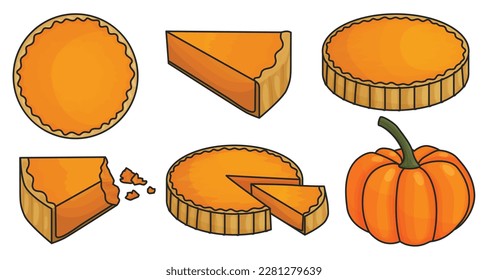 Pumpkin pie vector illustration on white background. Vector color set icon thanksgiving cake. Isolated color set icon pumpkin pie.