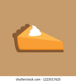 Pumpkin pie vector illustration. One slice of thanksgiving pie with crust, cream filling and whipped cream on top. Graphic icon or print, isolated on light brown background.