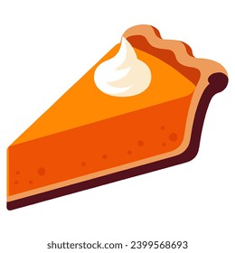 Ilustración vectorial circular de calabaza. Una rebanada de pastel de acción de gracias con corteza y crema batida encima. Icono gráfico o impresión, aislado en fondo blanco.