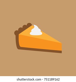 Pumpkin Pie Vector Illustration. One Slice Of Thanksgiving Pie With Crust, Cream Filling And Whipped Cream On Top. Graphic Icon Or Print, Isolated On Light Brown Background.