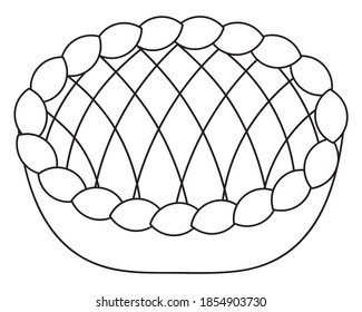 Pumpkin pie. Vector illustration. Outline on an isolated white background. Doodle style. Sketch. Thanksgiving day symbol. Delicious snack cooked in the oven. Vegan food. Healthy diet. Fried crust. 