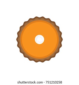 Pumpkin pie vector illustration. Top view. Thanksgiving pumpkin pie with dough crust, cream filling and whipped cream on top. Graphic icon or print, isolated on white background.