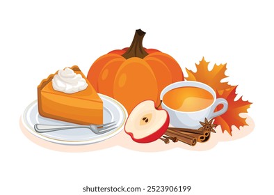 Pumpkin pie with whipped cream and cup of tea, apple and cinnamon vector illustration. Autumn decoration with cake, tea and pumpkin icon set isolated on a white background. Fall still life vector