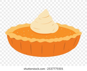 Pumpkin pie with whipped cream on top,flat minimalist style, perfect for Thanksgiving celebrations. Transparent background for easy use in designs. vector