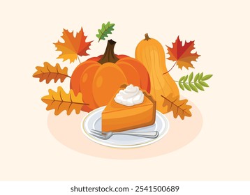 Pastel de calabaza con nata batida, calabazas de naranja y hojas de otoño de Ilustración vectorial. Decoración de otoño con pastel, calabaza y el conjunto de iconos de hojas de colores. Elemento de Diseño gráfico de naturaleza muerta de caída