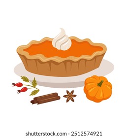 Pumpkin pie with whipped cream and spices isolated. Vector illustration in a flat style on a white background.