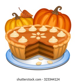 Pumpkin pie with white creme and orange pumpkin, Thanksgiving dinner. Vector illustration