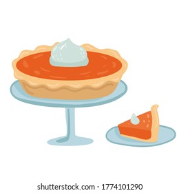 Pumpkin Pie. Whole And Piece Cake On Blue Plate, Special Autumn Offer For The Menu Of Cafes And Restaurants. Colorful Cute Flat Vector Illustration