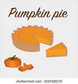 Pumpkin pie. Whole and slices. Shortcrust pastry. Pastry with pumpkin. Autumn menu. Dessert. Homemade baking.