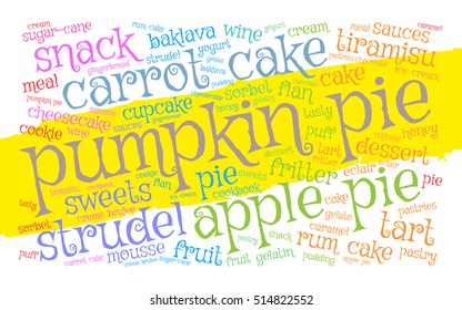 Pumpkin pie. Word cloud, yellow stripe, white background. Food concept.