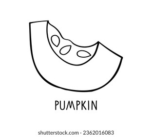 Pumpkin piece linear sketch isolated monochrome illustration. Design for menu, cafe, restaurant, farmers market, vegetarian recipe, invitation, logo. Cut pumpkin piece with seeds.