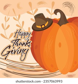 Pumpkin with pilgrim hat Thanksgiving background Vector