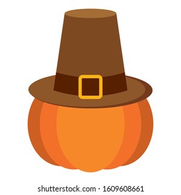 Pumpkin with a pilgrim hat. Thanksgiving season - Vector illustration design