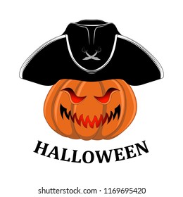 Pumpkin in a pirate hat. Vector image on white background.