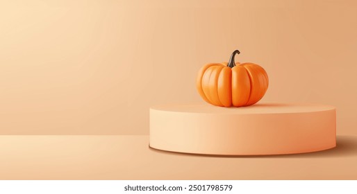 Pumpkin placed on a peach-colored podium with a matching background ideal for autumn. Pumpkin on a minimalist orange podium. Vector