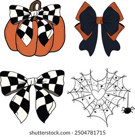 Calabaza con lazo a cuadros . Coquette Halloween, Web de araña en forma de corazón. Arte e ilustración