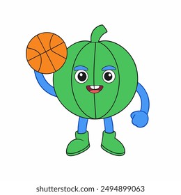  Pumpkin Playing Basketball Icon Vector Illustration.