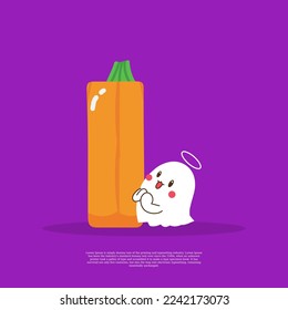 Pumpkin plus letter I with cute ghost emoji sticker beside it vector illustration.