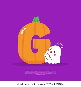 Pumpkin plus letter G with cute ghost emoji sticker beside it vector illustration.