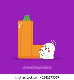 Calabaza más letra L con pegatina de emoji fantasma junto a su ilustración vectorial.