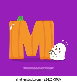 Pumpkin plus letter M with cute ghost emoji sticker beside it vector illustration.