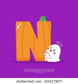Pumpkin plus letter N with cute ghost emoji sticker beside it vector illustration.