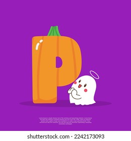 Pumpkin plus letter P with cute ghost emoji sticker beside it vector illustration.