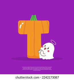 Pumpkin plus letter T with cute ghost emoji sticker beside it vector illustration.