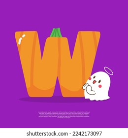 Pumpkin plus letter W with cute ghost emoji sticker beside it vector illustration.