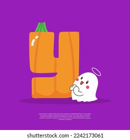 Pumpkin plus letter Y with cute ghost emoji sticker beside it vector illustration.