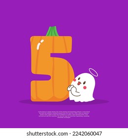 Pumpkin plus number 5 with cute ghost emoji sticker beside it vector illustration
