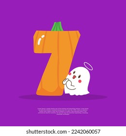 Pumpkin plus number 7 with cute ghost emoji sticker beside it vector illustration