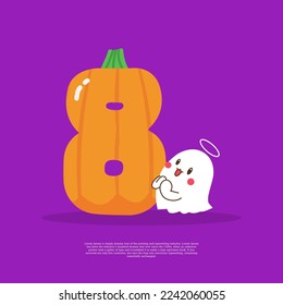 Kürbis plus Nummer 8 mit süßem Ghost-Emoji-Aufkleber daneben Vektorgrafik