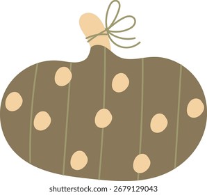 A pumpkin with polka dots and a tied stem in a flat style. The gourd features circular patterns and a knotted top. Cartoon vector illustration.